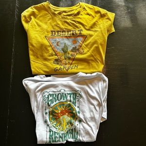 Plant Girl Desert Cactus Mushroom Blue Yellow T-Shirt XL Cropped Short